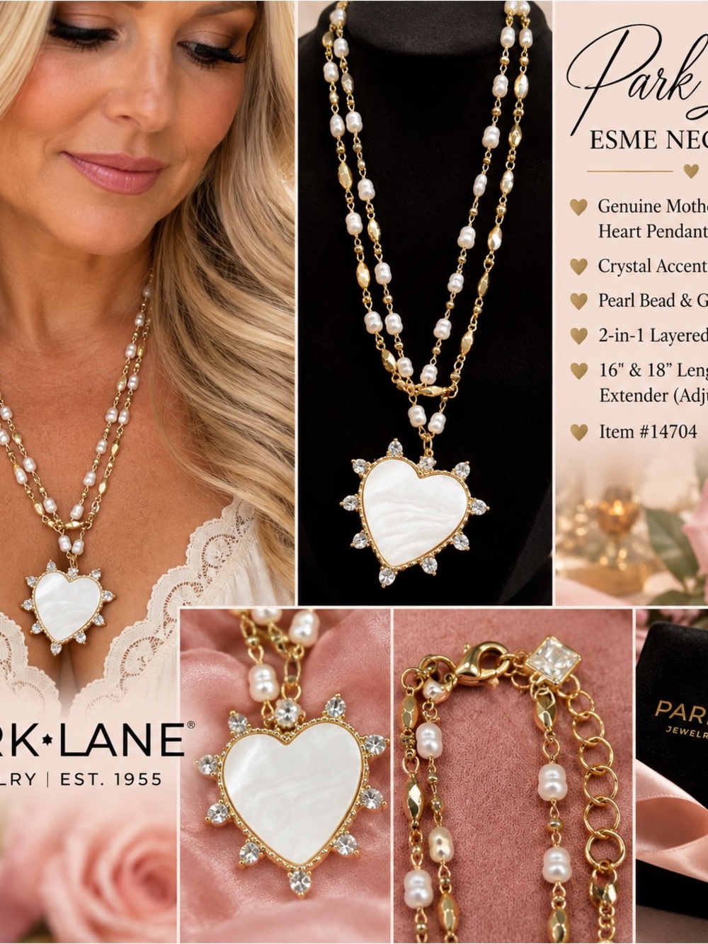 Park Lane Gold Chain Layered Necklace with White Mother-of-Pearl Heart Pendant